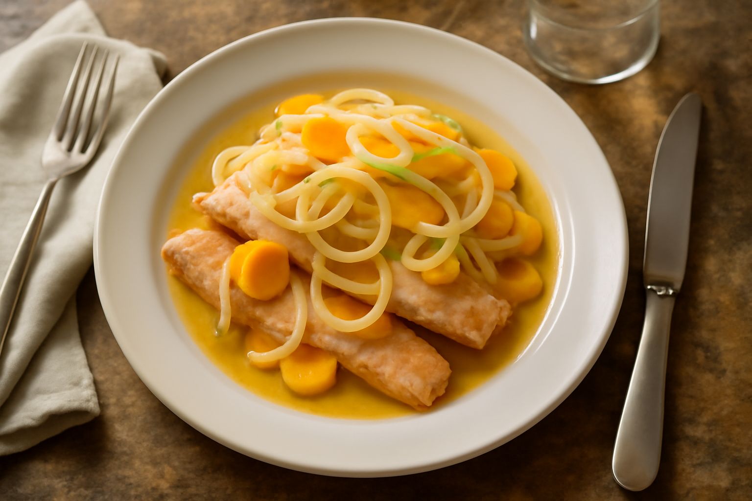 Filetti di salmerino dorato disposti in un piatto bianco con cipolla bianca affettata sottile, carota gialla e aceto trasparente, guarniti con foglie di prezzemolo fresco