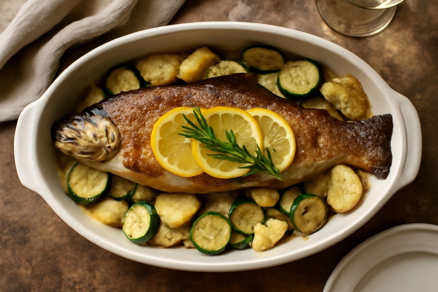 Salmerino mantovano intero al forno in pirofila di ceramica, con pelle dorata, limone fresco tagliato a fette, rametto di rosmarino, contorno di verdure grigliate, piatto visto dall'alto con luce natu