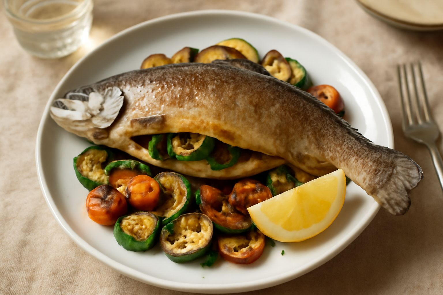 Salmerino intero ripieno di verdure e erbe aromatiche, cotto al forno, dorato e lucido, guarnito con fettine di limone fresco, servito in un piatto bianco con contorno di verdure grigliate