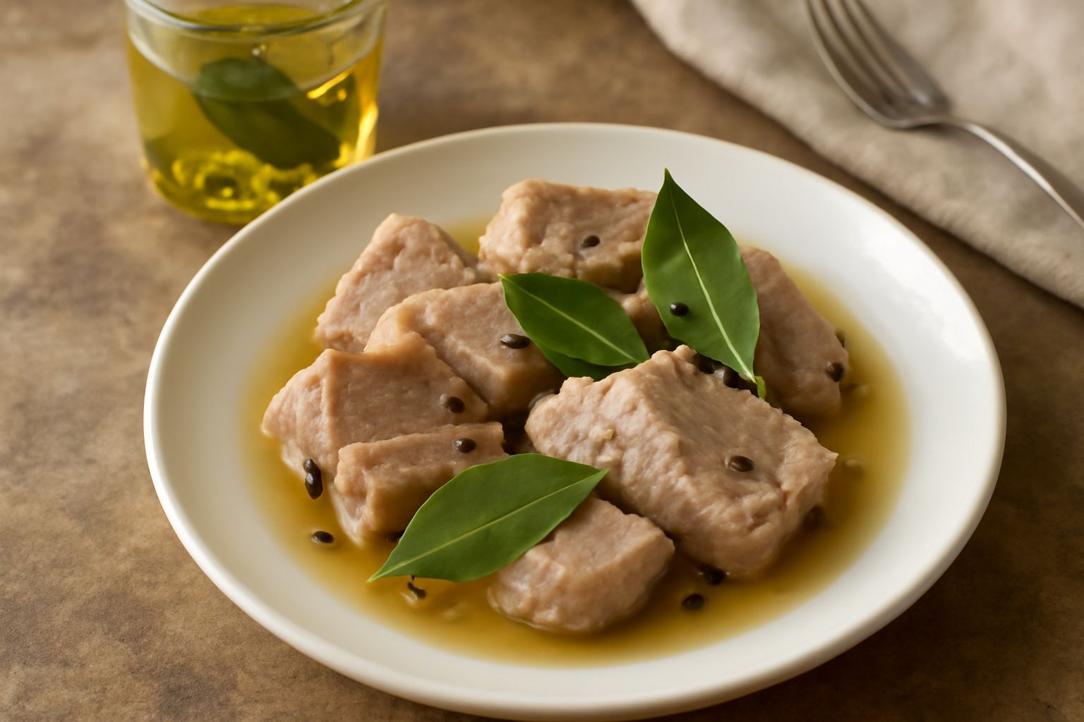 Vasetto di vetro trasparente con salmistro chiaro, spezie visibili, rametto di rosmarino e grani di pepe in sospensione, sfondo bianco e luminoso
