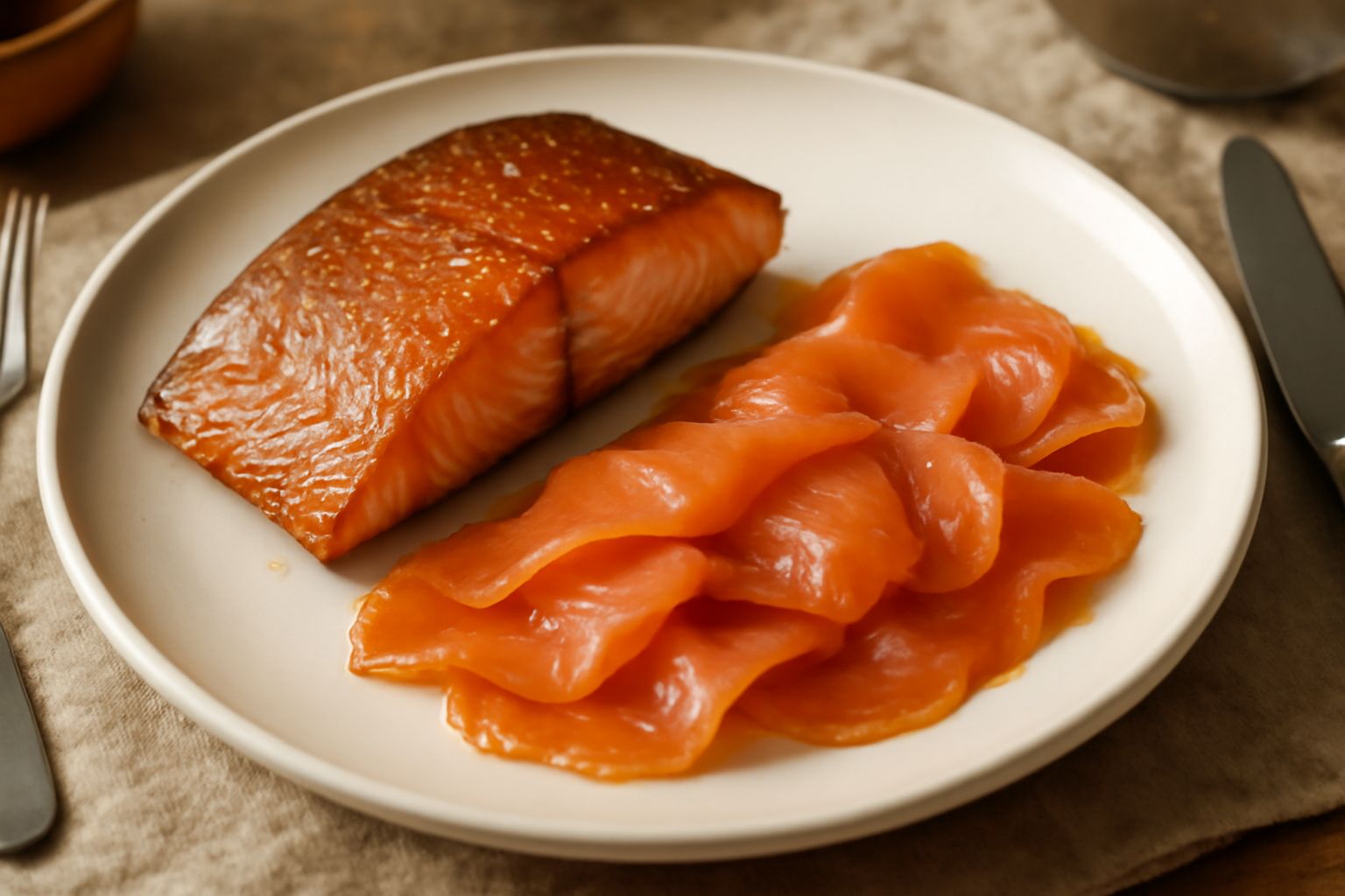 Salmone affumicato affettato sottile su carta pergamena bianca, con superficie dorata e lucida, fiocchi di fumo leggeri sullo sfondo, servito su tavolo di legno scuro