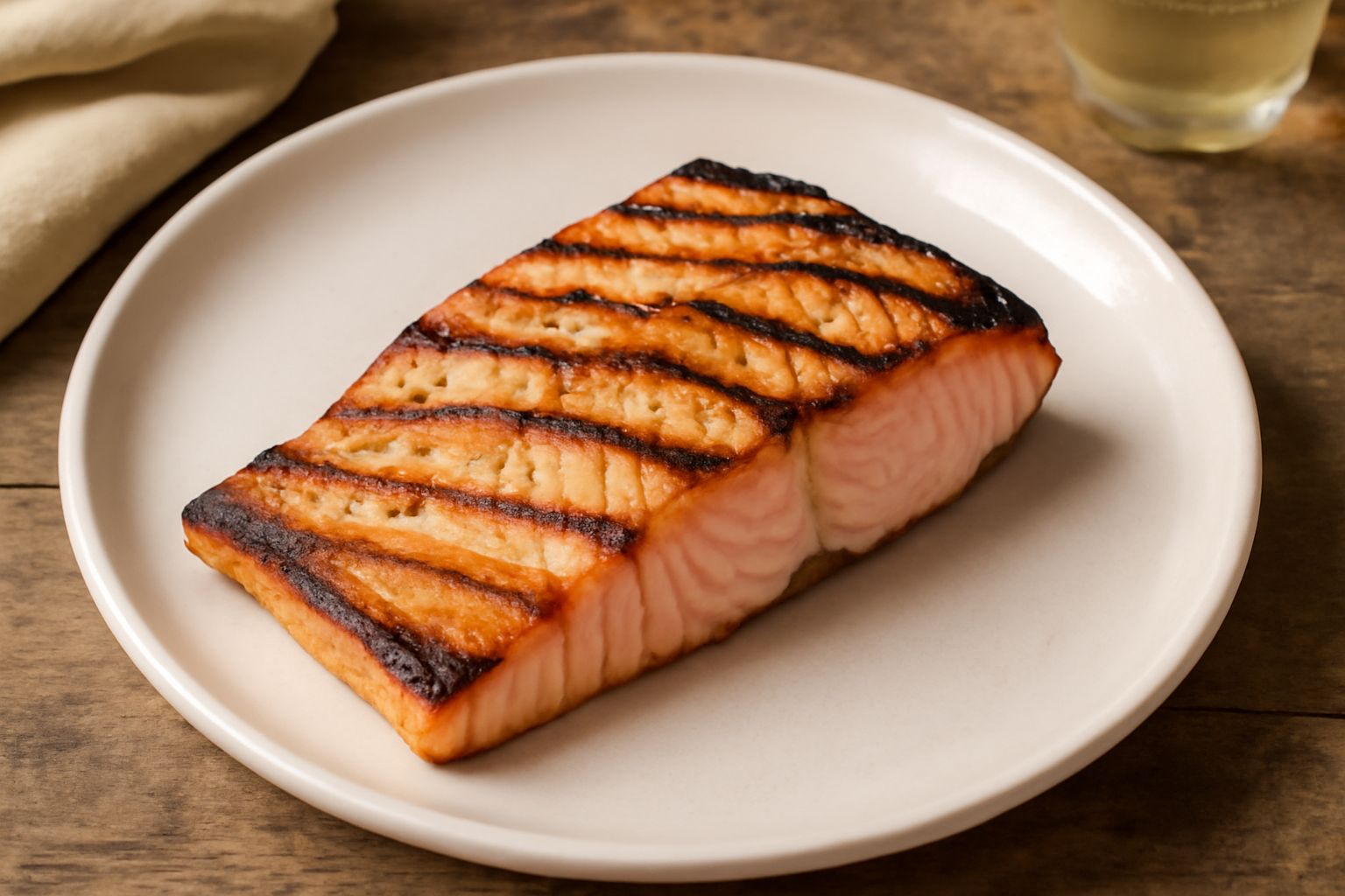 Filetto di salmone dorato ai bordi su griglia inclinata, con marchi da cottura marcati, carne rosa salmone all'interno, guarnito con limone e prezzemolo fresco