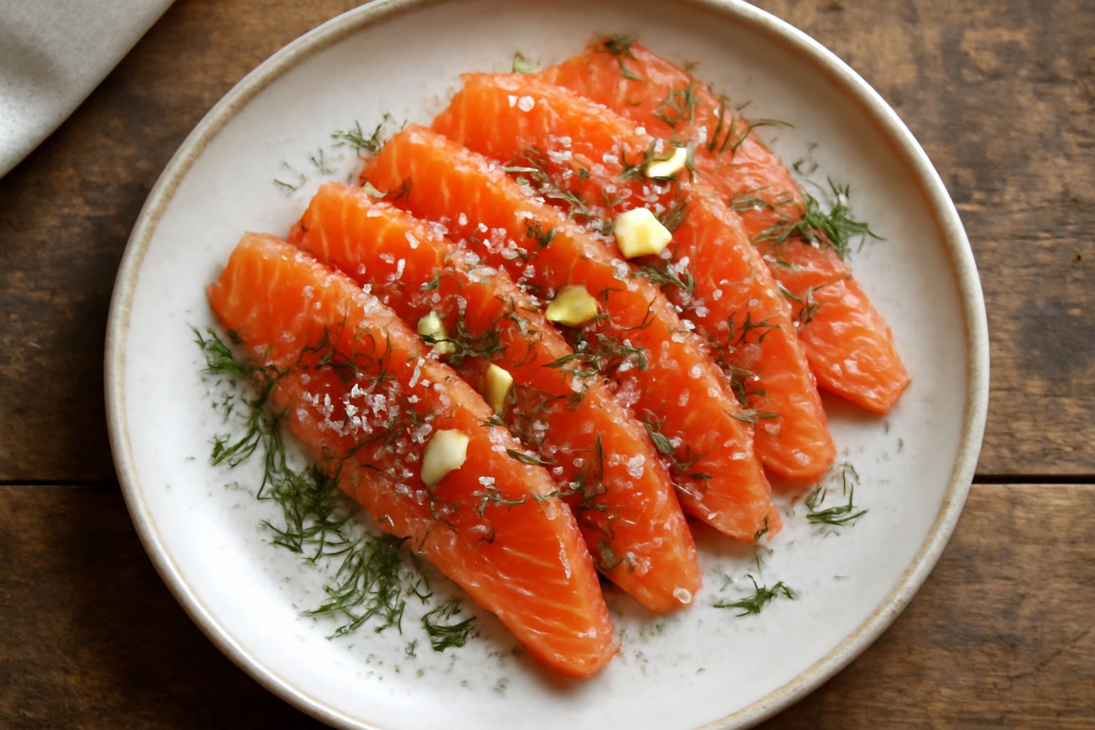 Fette di salmone marinato di colore rosa-arancione su un piatto bianco, coperte da sottili fettine di limone fresco, aneto verde brillante e grani di sale grosso visibili sulla superficie