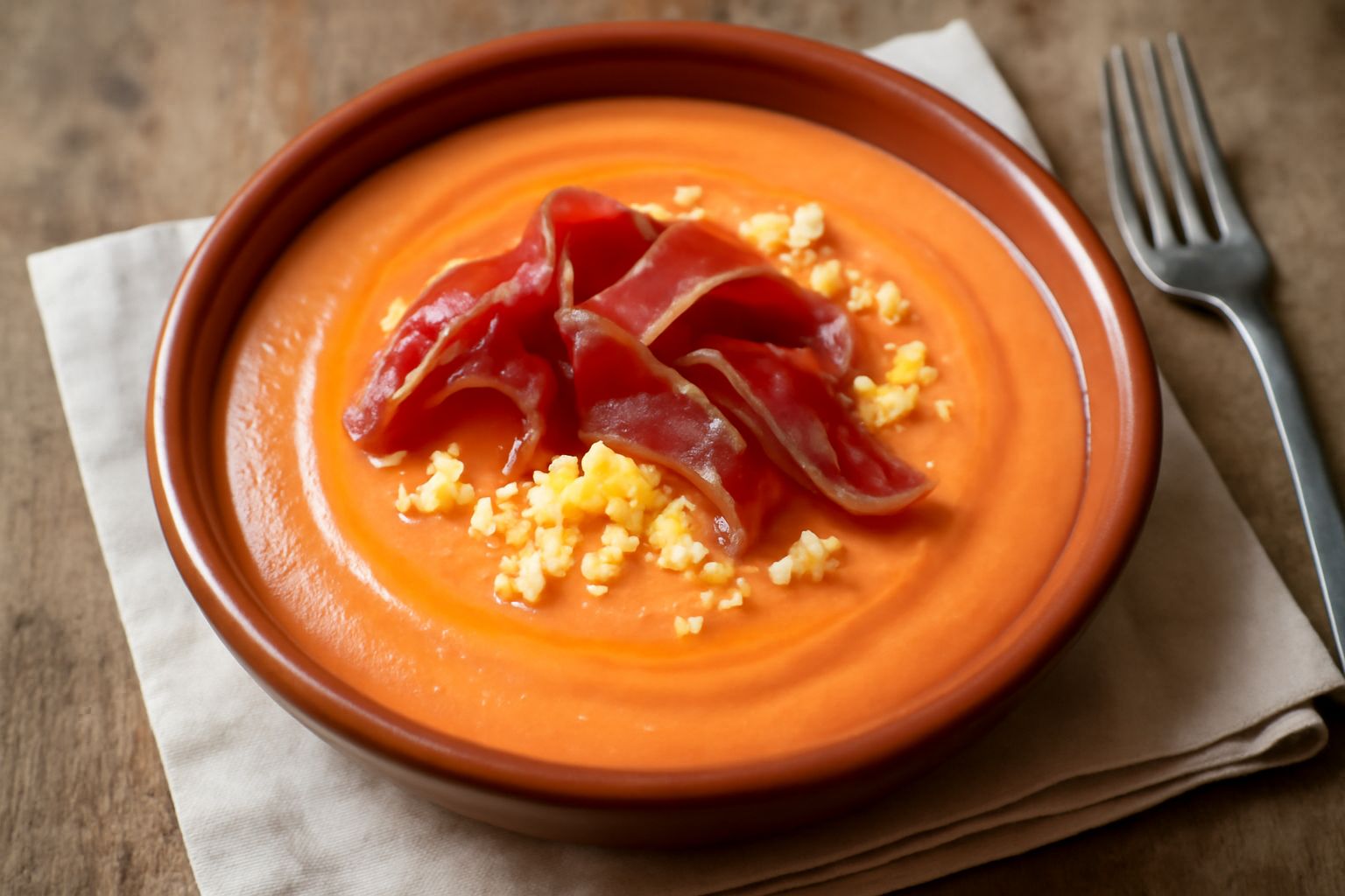 Ciotola di salmorejo color arancio intenso, servito freddo, guarnito con fettine di prosciutto serrano, uovo sodo grattugiato e filo di olio extravergine, pane tostato nel contorno