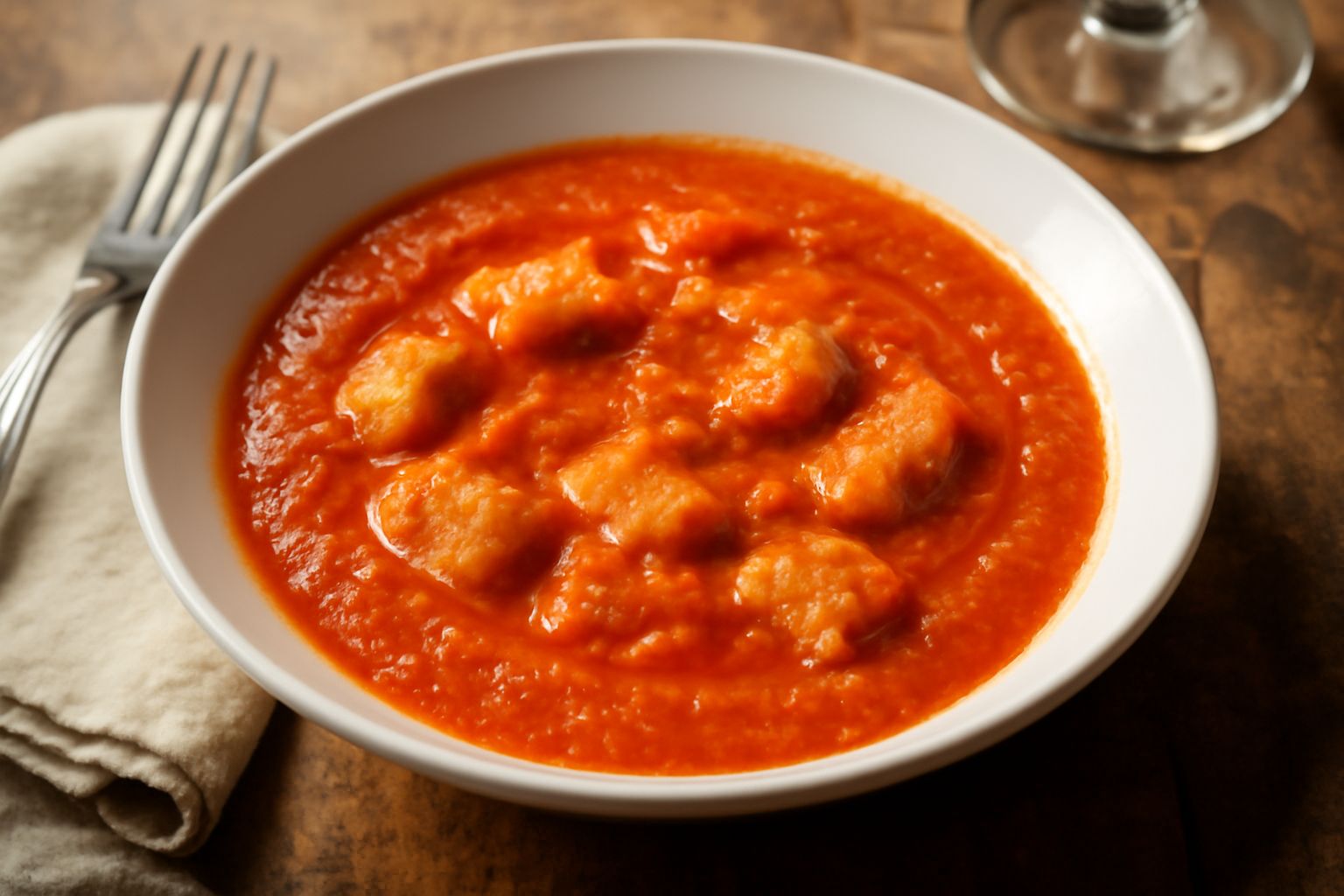 Una ciotola di porcellana bianca con salmorejo marchigiano cremoso di colore arancione-rosso, condito con fili di olio d'oliva e pezzi di pane croccante dorato, su un tavolo di legno scuro