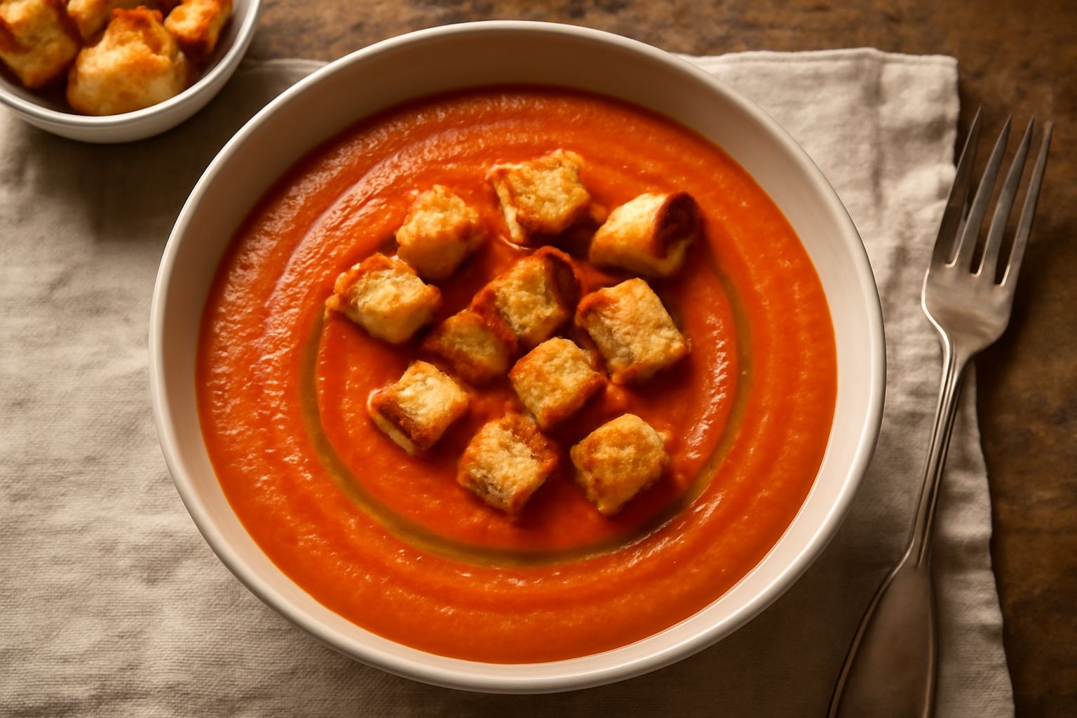 Salmorejo toscano in ciotola bianca: crema compatta rosso-arancio con superficie liscia, filo di olio d'oliva verde in superficie, fetta di pane croccante poggiata sul bordo, basilico fresco accanto