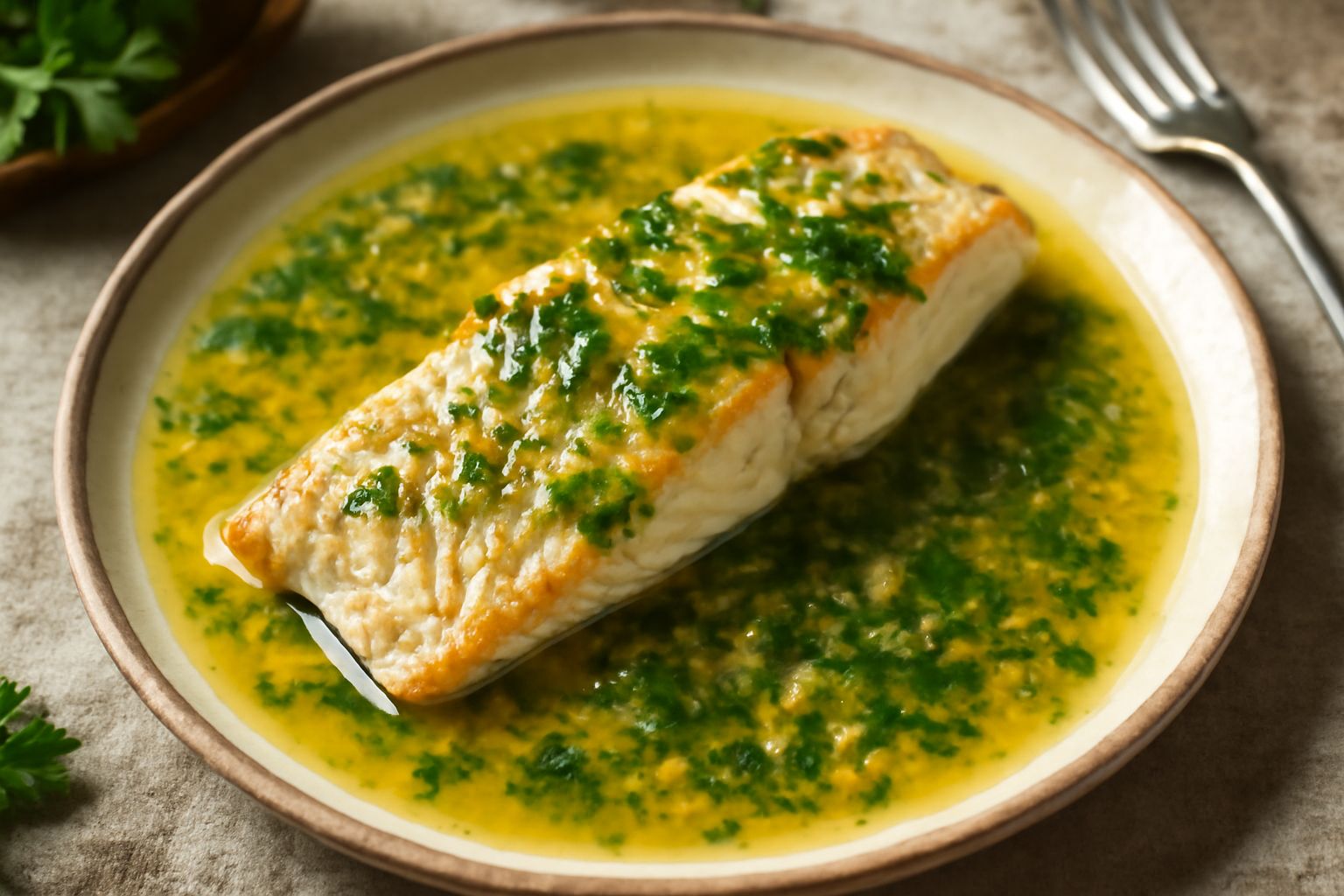 Ciotola di vetro con salmorìglia verde-dorata, contenente olio lucido con gocce, aglio affettato sottile, prezzemolo tritato fresco e origano secco, su fondo bianco neutro