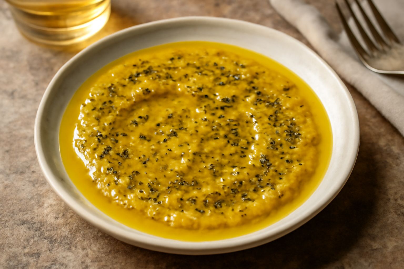 Ciotola di ceramica bianca con salmoriglio dorato e lucido, con gocce d'olio visibile, accanto a mezzo limone tagliato e rametti di origano fresco verde su fondo bianco