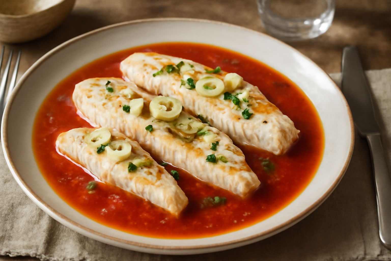 Filetti di pesce bianco marinati in salsa rossa di pomodoro con aglio e prezzemolo fresco, serviti in piatto bianco con accompagnamento di verdure crude