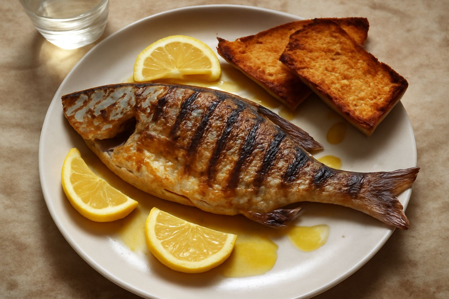 Due salpe intere grigliate, dorate con segni di bruciatura, fiancheggiate da spicchi di limone giallo, sedute su un piatto bianco piano con filo d'olio extravergine d'oliva lucido