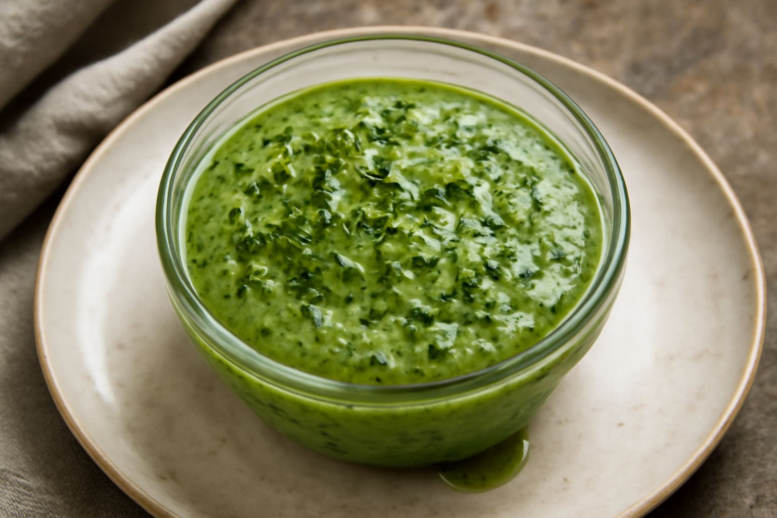 Salsa verde densa con speckature di erbe fresche in una ciotola bianca, con rametti di timo e rosmarino fresco disposti accanto, servita su piatto bianco con gocce di olio verde
