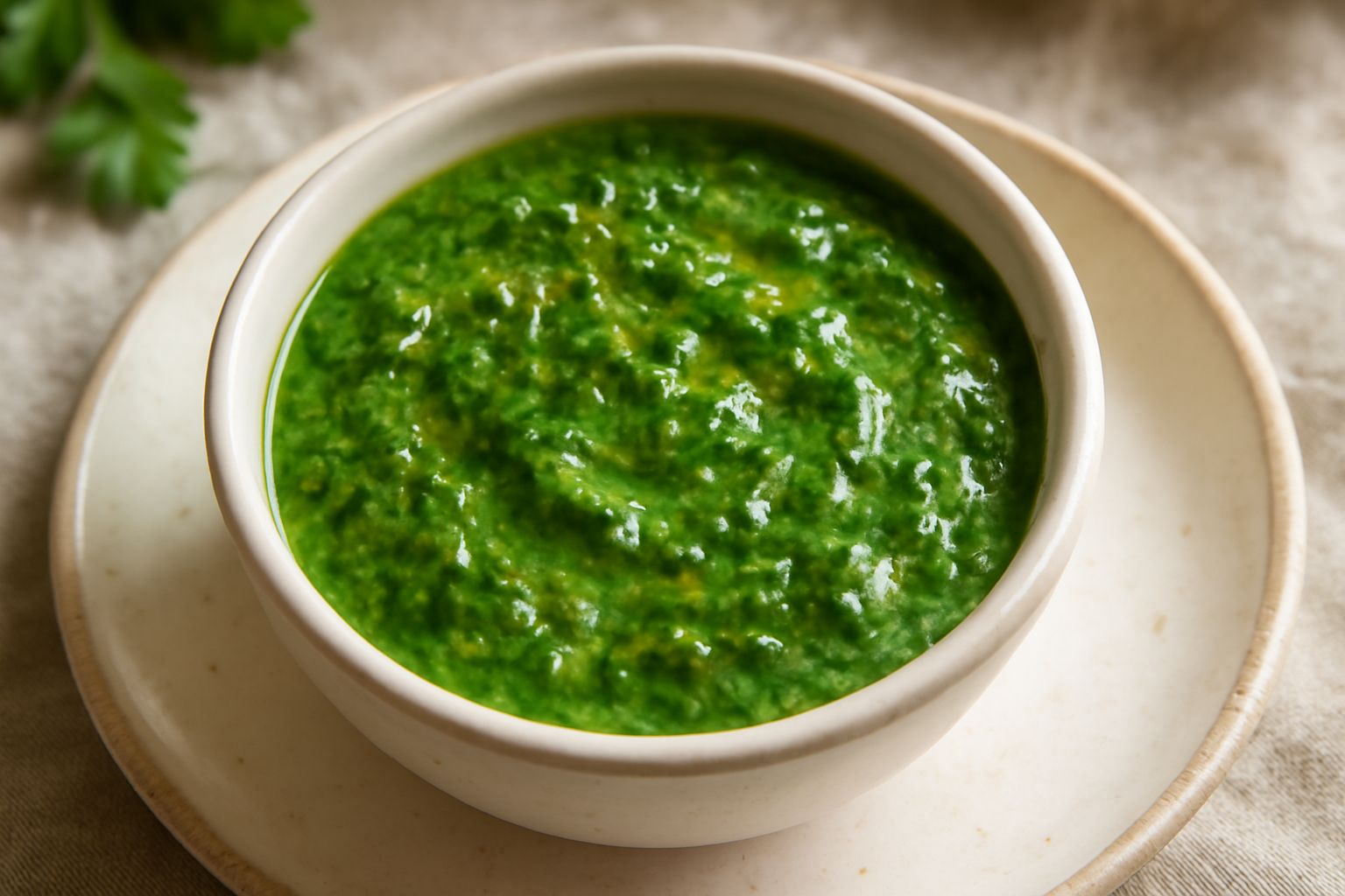 Salsa verde densa con pezzetti di erbe fresche in una piccola ciotola di ceramica bianca, con rametti di basilico e prezzemolo fresco accanto, su fondo di legno naturale