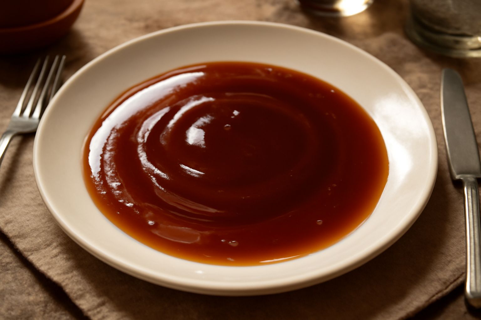Salsa agrodolce marrone scuro versata in una ciotola bianca, con riflessi lucidi, circondata da spicchi di ananas, peperoni rossi e verdi a dadini, su uno sfondo di tavolo di legno scuro