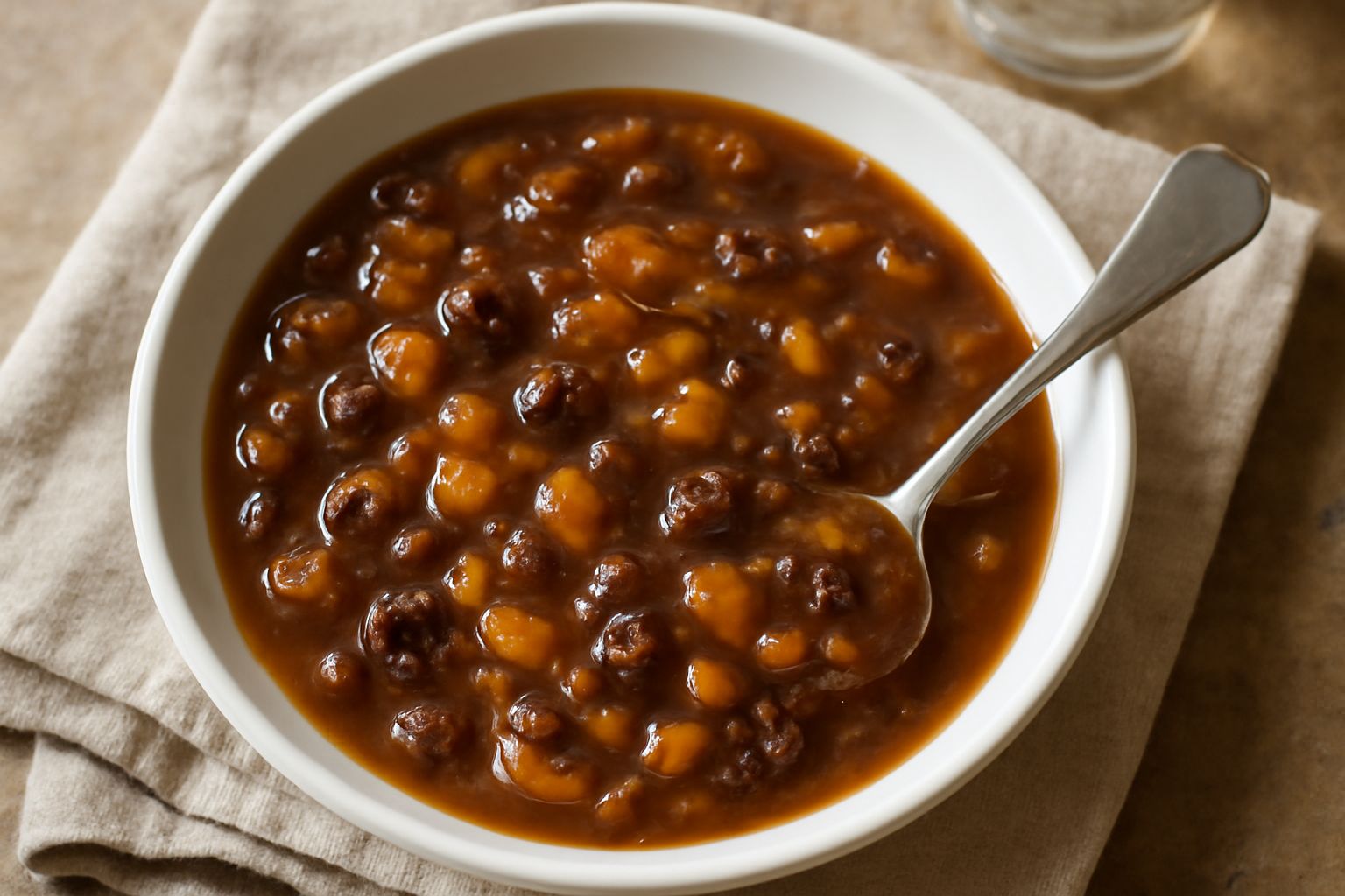 Salsa agrodolce densa in una ciotola di ceramica bianca, color ambra scuro con visibili frammenti di uvetta, albicocche secche tagliate e mandorle tostate, servita accanto a petto di pollo grigliato e