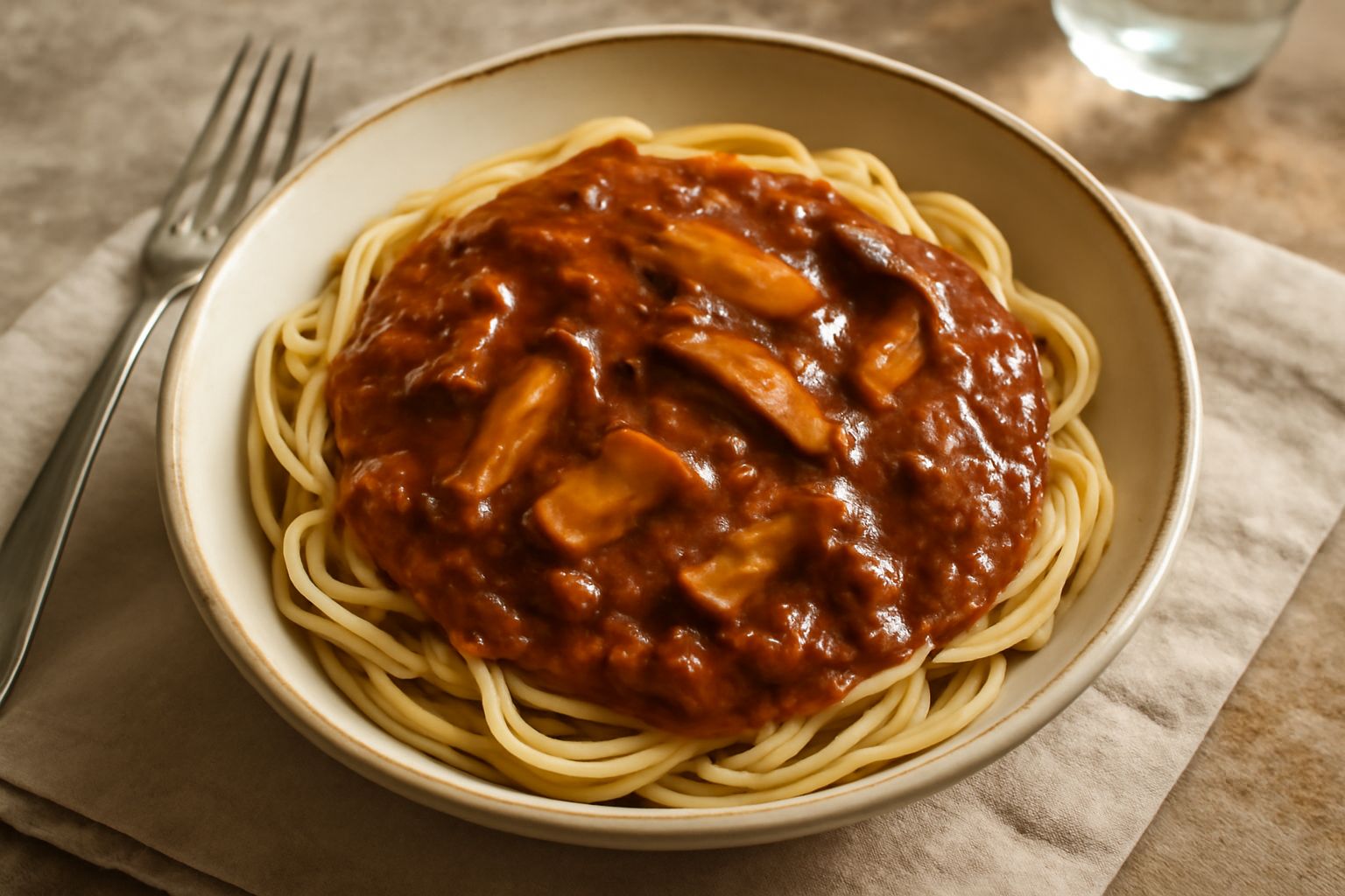 Salsa ai funghi cardoncelli in una ciotola di ceramica bianca, consistenza densa e cremosa color marrone carico con visibili pezzetti di fungo, guarnita con prezzemolo fresco verde