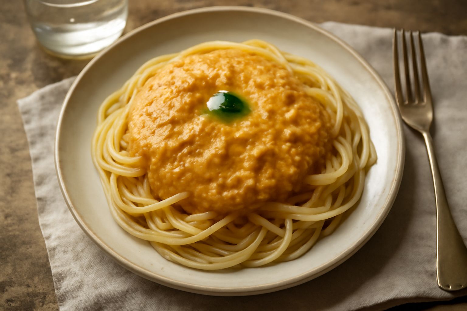 Piatto bianco con pasta fresca coperta di salsa cremosa giallo-arancio, granelli di riccio di mare visibili, basilico fresco in cima, gocce di olio d'oliva, tavolo di legno chiaro sullo sfondo