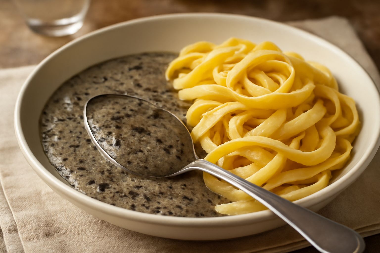 Salsa ai tartufi di colore grigio scuro versata in ciotola bianca, con visibili trucioli di tartufo nero e gocce di olio d'oliva lucido sulla superficie, piatto su tavolo di legno chiaro