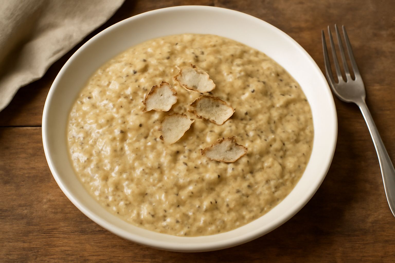 Salsa al tartufo bianco cremosa in una ciotola bianca, di colore beige con leggere venature scure, fiocchi di sale grosso sul bordo e un tartufo bianco sbucciato di fresco accanto