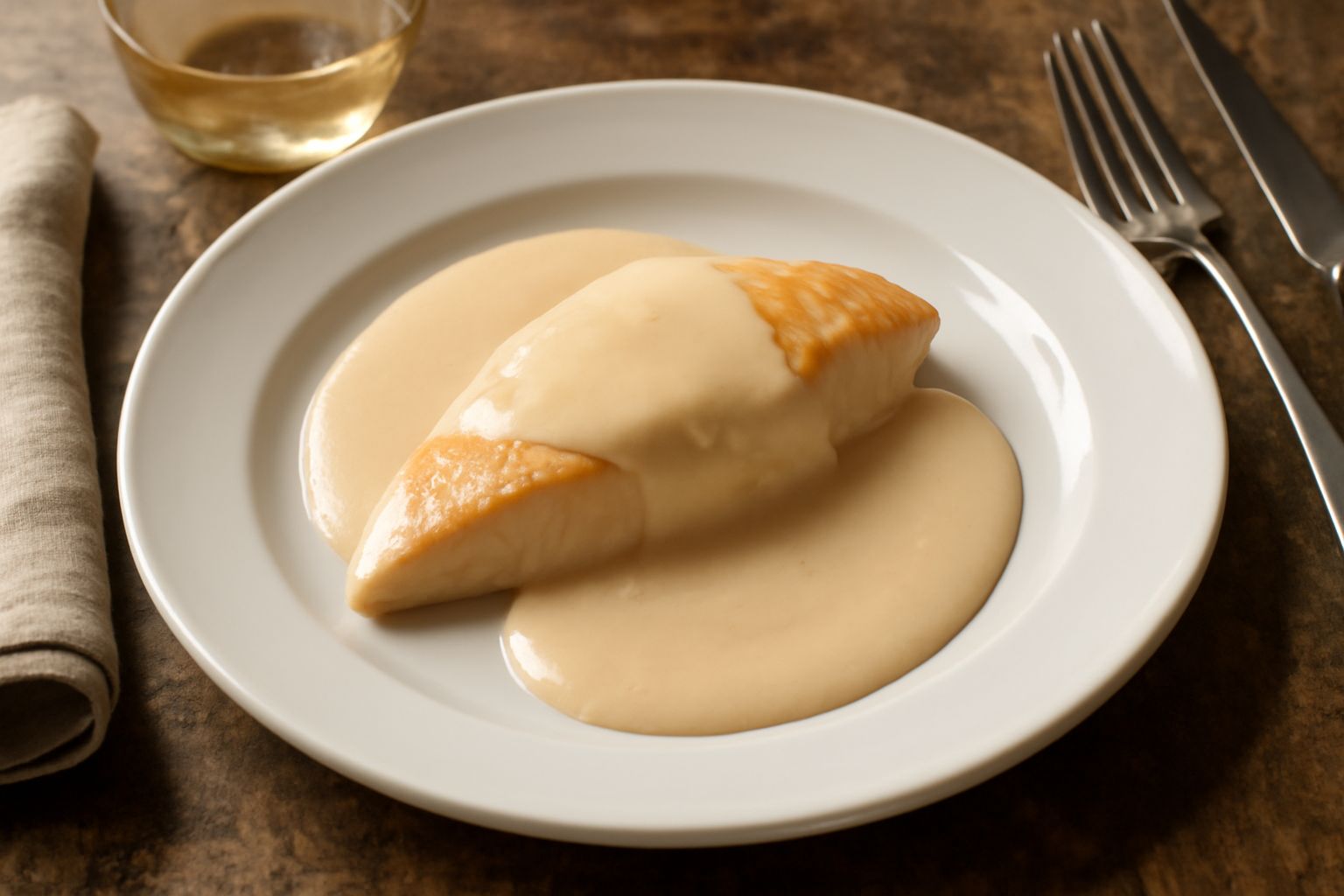 Salsa al vino bianco cremosa in una piccola ciotola di ceramica bianca, di colore beige chiaro, con un cucchiaio d'argento immerso, servita accanto a petto di pollo in bianco