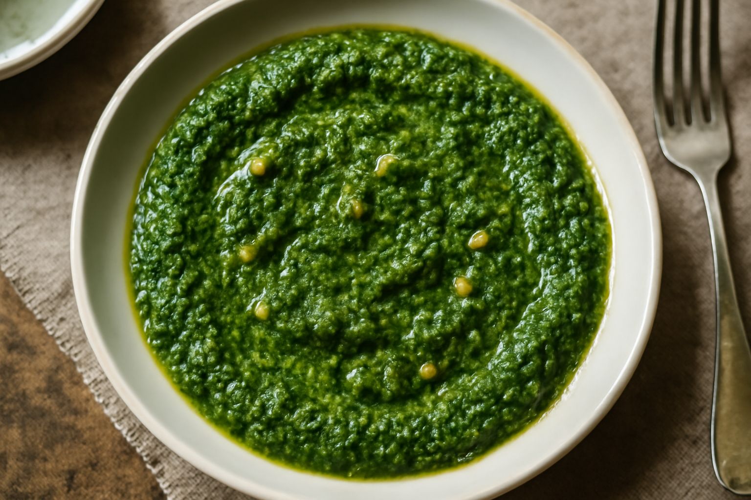 Salsa alla genovese verde brillante in una ciotola bianca, con tracce di olio olivastro, decorata con una foglia di basilico fresco e pinoli sparsi attorno