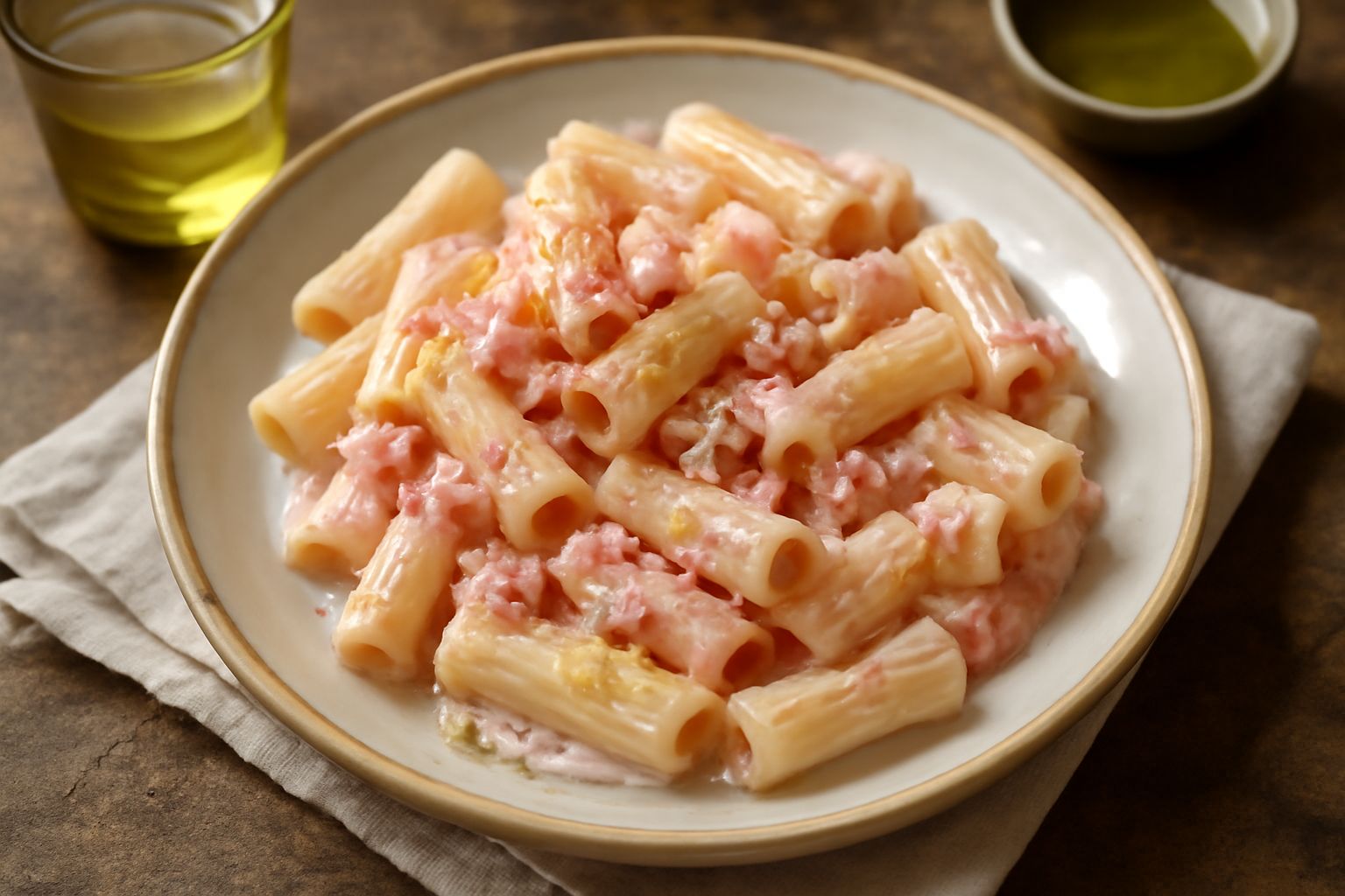 Piatto di tagliatelle condite con salsa cremosa rosa-beige, con visibili pezzetti di mortadella e gocce di panna, guarnito con pepe nero macinato fresco
