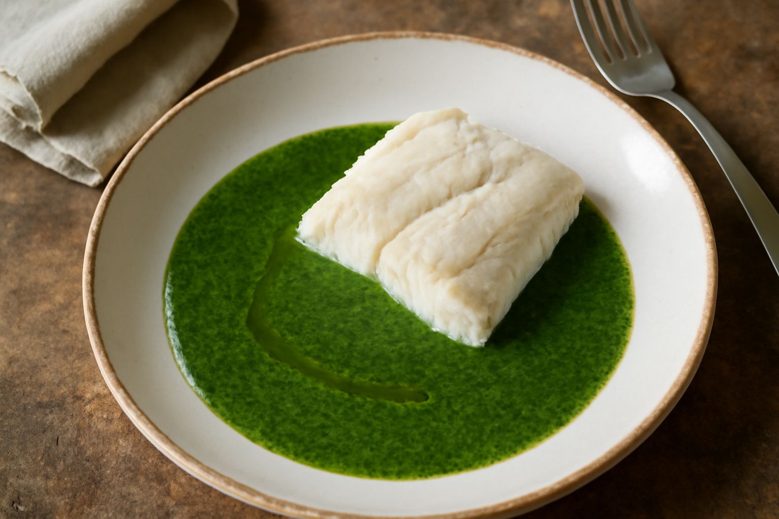 Ciotola bianca con salsa verde brillante alle erbe di campo, guarnita da una foglia di menta fresca, con olio che lucica in superficie, accanto a un ramo di prezzemolo e una fetta di limone