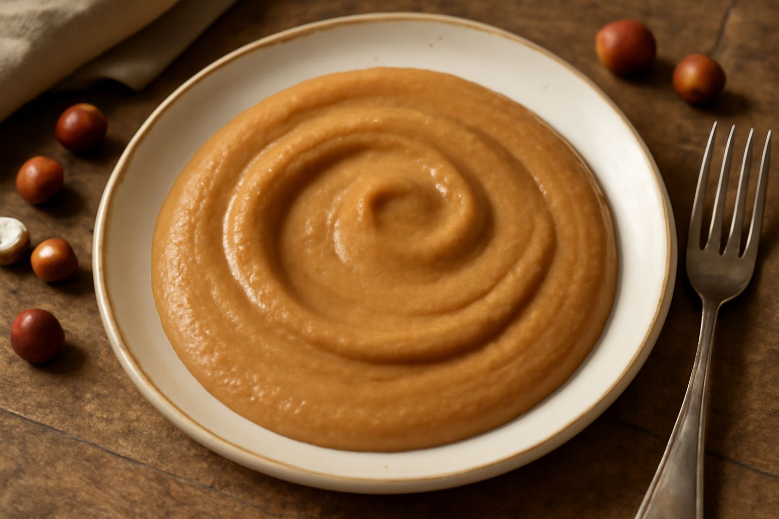 Salsa alle nocciole color marrone dorato in una ciotola di ceramica bianca, con un cucchiaio di legno che ne mostra la consistenza cremosa e vellutata, nocciole intere sparse accanto