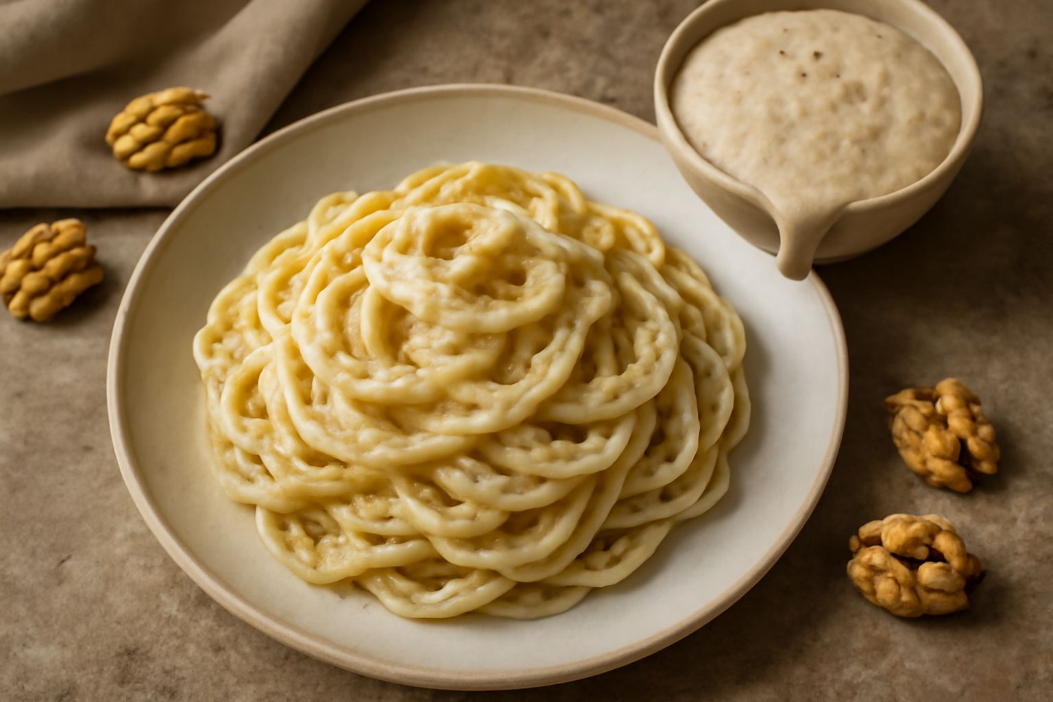 Ciotola di vetro con salsa alle noci di colore beige-tortora, cremosa e omogenea, con visibili piccole particelle di noce, decorata con una foglia di prezzemolo fresco e qualche granello di sale al ce