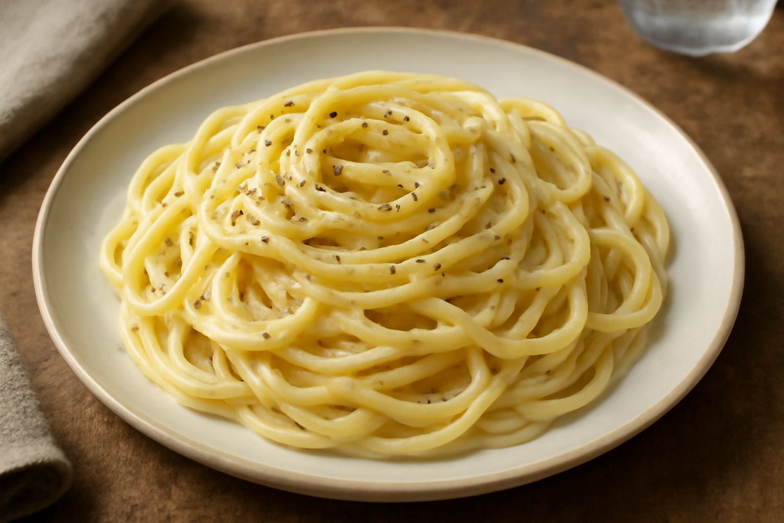 Piatto di pasta bianca rivestita di salsa cremosa giallo chiaro, con grani di pepe nero visibili sulla superficie, guarnito con scaglie di pecorino romano