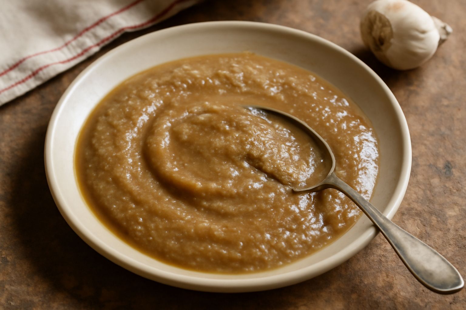 Salsa d'acciughe e aglio densa color beige scuro in una ciotola di ceramica, con cucchiaio di legno, accanto a fette di pane tostato e spicchi d'aglio fresco