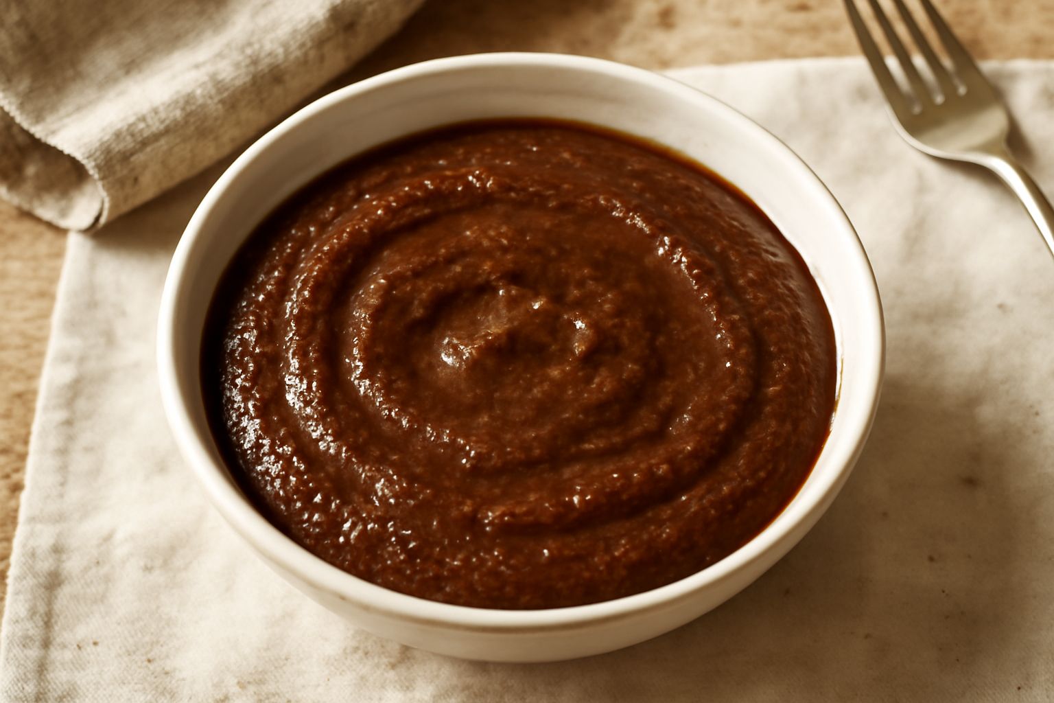 Salsa d'acciughe densa e scura in ciotola di ceramica bianca, con gocce d'olio lucido in superficie, aglio fresco e acciughe salate accanto su tavolo di legno