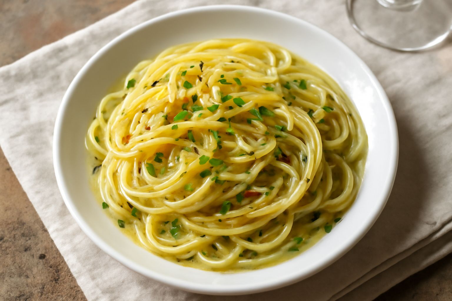 Un piatto di pasta bianca rivestita da fili di aglio dorato e brillante, gocce di olio extravergine verde, peperoncino rosso macinato e prezzemolo verde tritato sparso in superficie