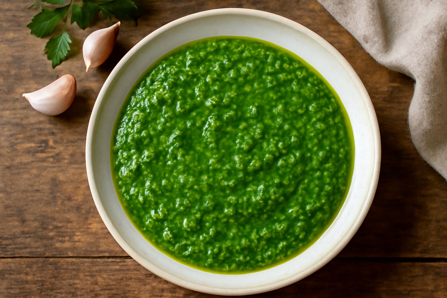 Salsa verde acceso in una ciotola di ceramica bianca, con gocce di olio dorato in superficie, prezzemolo fresco tritato visibile, aglio bianco sullo sfondo, cucchiaio di legno dentro la ciotola