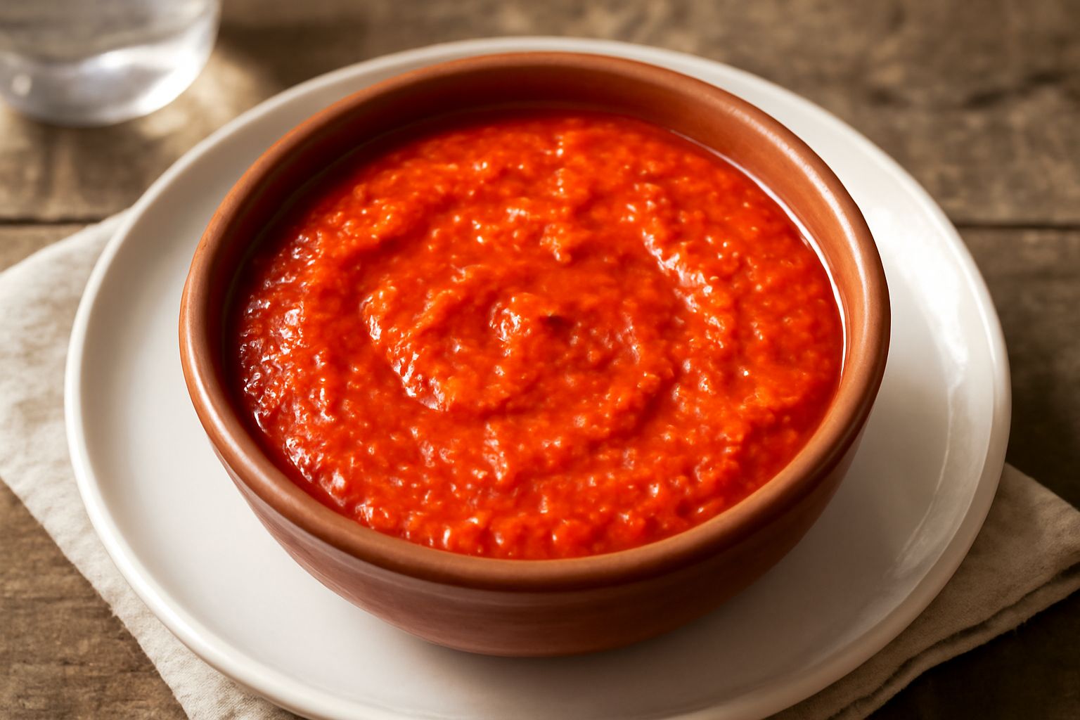 Ciotola di ceramica bianca con salsa d'ají rosso vivo, peperoncini freschi rossi accanto, cucchiaio di legno immerso nella salsa, sfondo di marmo grigio chiaro