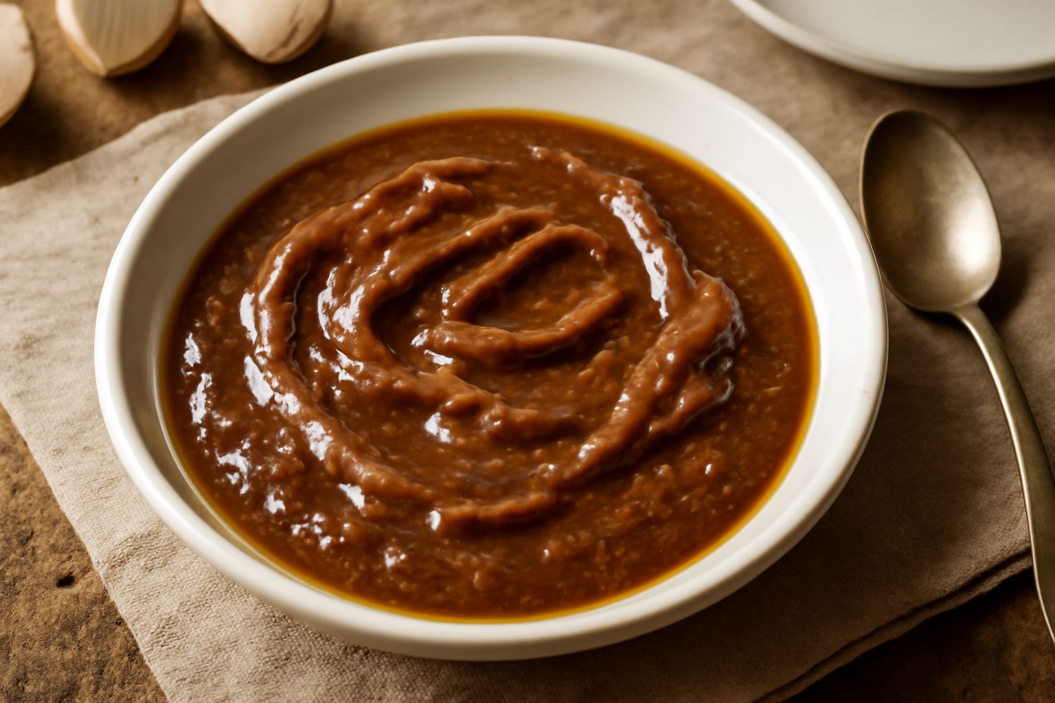 Salsa d'alici cremosa marrone scuro in una ciotola bianca, con filetti d'alicia visibili, olio lucido in superficie, un cucchiaio di legno immerso, accanto fette di pane tostato e prezzemolo fresco ve