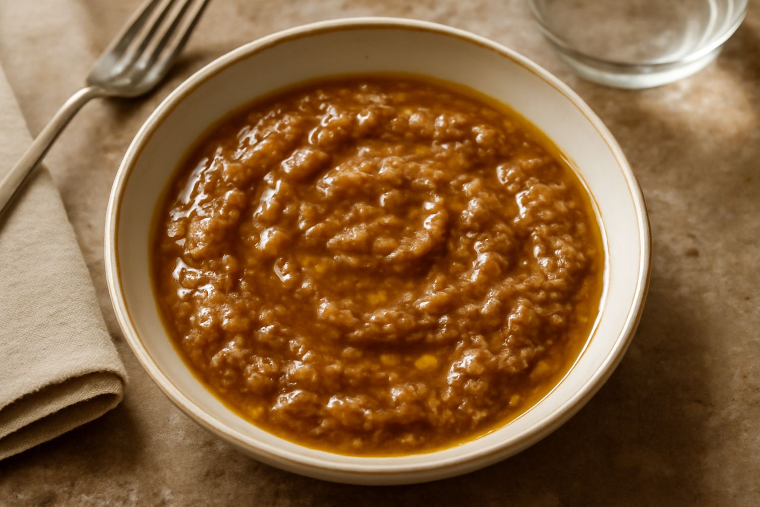 Salsa d'alici in una ciotola di ceramica bianca, color marrone dorato, con finiture di olio lucido, accompagnata da filetti di alici salate in primo piano e una fetta di limone giallo sullo sfondo