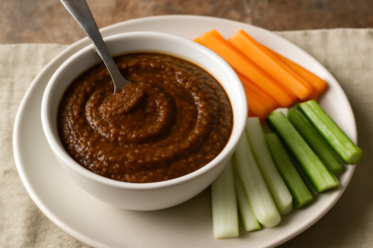 Salsa d'anchoa di colore marrone scuro cremosa in una ciotola bianca, con filetti di acciuga interi visibili, oil-drenched, contornata da pezzetti di verdura cruda come sedano e carota, su un tavolo d