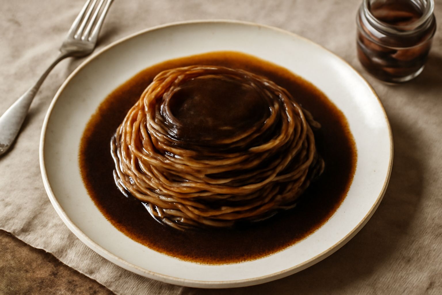 Salsa d'acciughe marrone scuro e densa in una ciotola di ceramica bianca, con filo di olio d'oliva sulla superficie e anchovy fillets visibili, circondato da pane tostato e verdure crude sul tagliere
