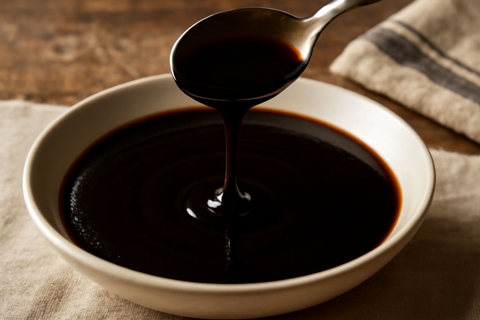 Salsa d'anguilla in una ciotola bianca, dal colore marrone scuro e dalla consistenza densa e lucida, con accanto una cucchiata di anguilla affumicata su un piatto grigio.