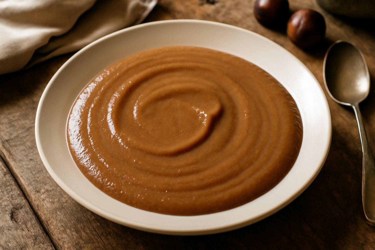 Salsa di castagne color marrone scuro e cremoso, versata in una ciotola bianca, con castagne tostate accanto e rametti di timo fresco