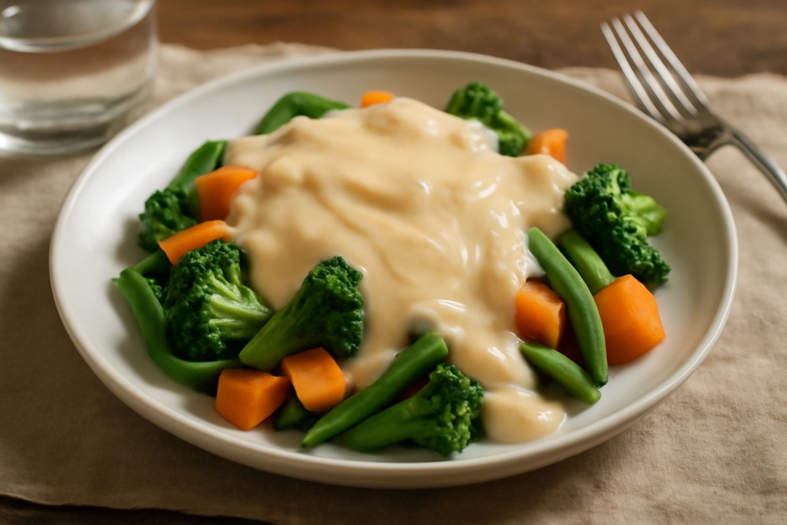 Salsa di formaggio color beige chiaro, cremosa e vellutata, versata su un piatto bianco con fili di formaggio che si sciolgono in superficie, accanto a verdure al vapore leggermente coperte dalla sals