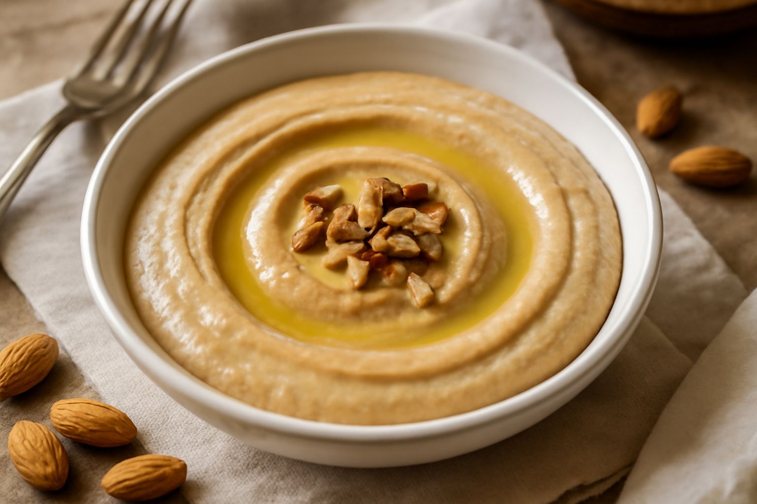 Salsa di mandorle color beige chiaro in una ciotola di ceramica bianca, con gocce di olio d'oliva verde sulla superficie, mandorle tostate sparse accanto e un cucchiaio di legno immerso nella salsa