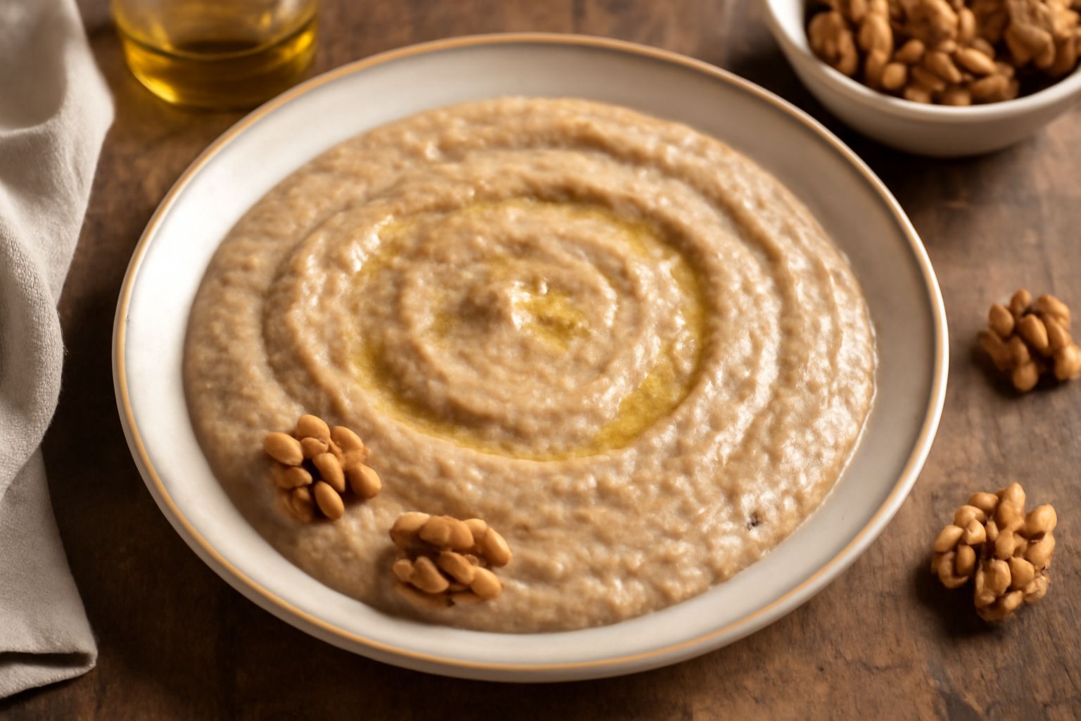 Ciotola in ceramica bianca con salsa di noci color nocciola, densa e cremosa, con tracce di olio d'oliva in superficie, noci intere sparse accanto sulla tavola di legno scuro