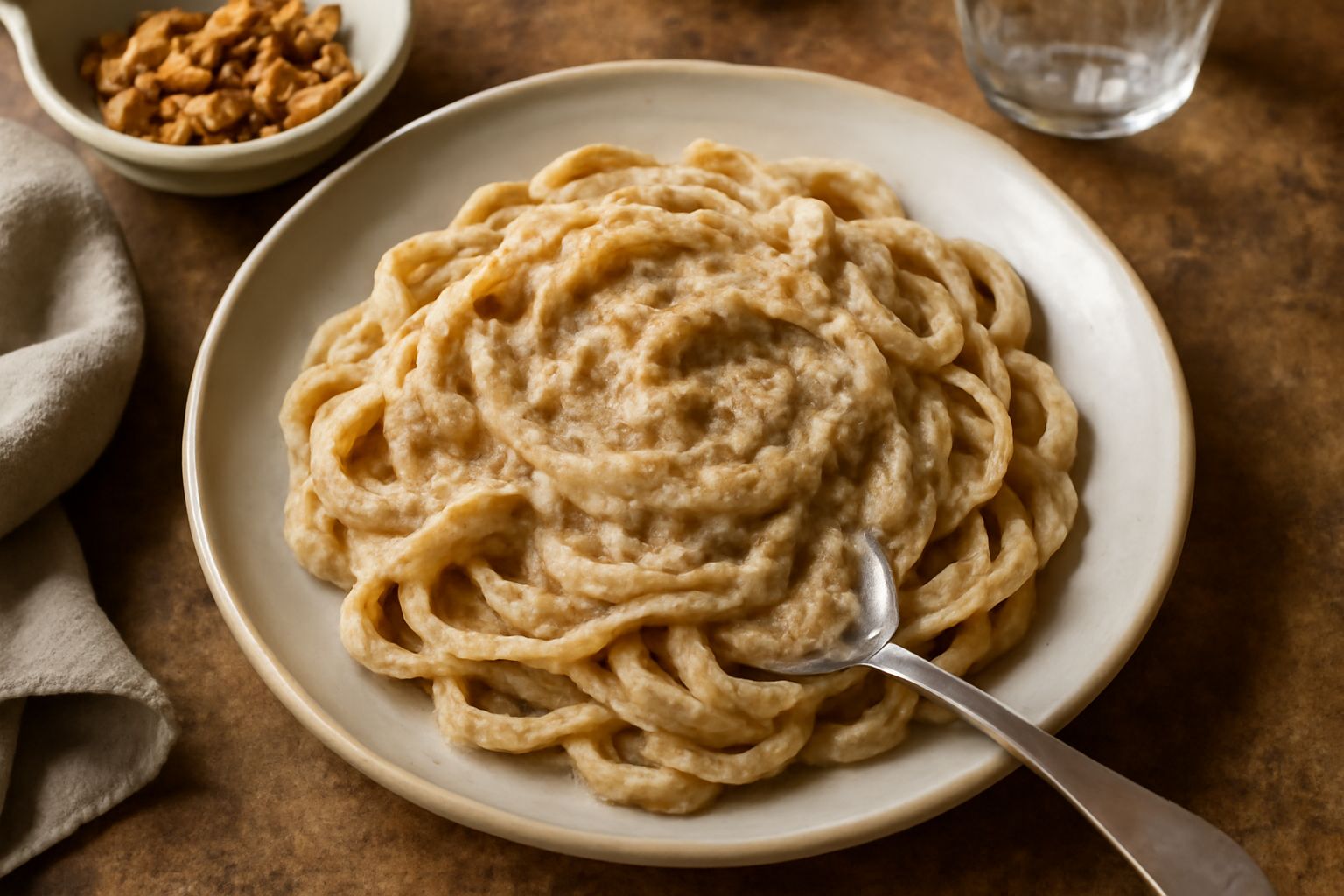 Salsa di noci densa e color marrone chiaro in ciotola di ceramica, guarnita con filo di olio verde e granello di sale, noci intere accanto