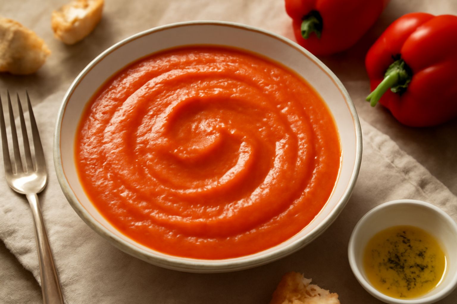 Salsa di peperone rosso-arancio, cremosa e omogenea, servita in una ciotola bianca con peperoni rossi e gialli interi sullo sfondo e un filo di olio d'oliva in superficie