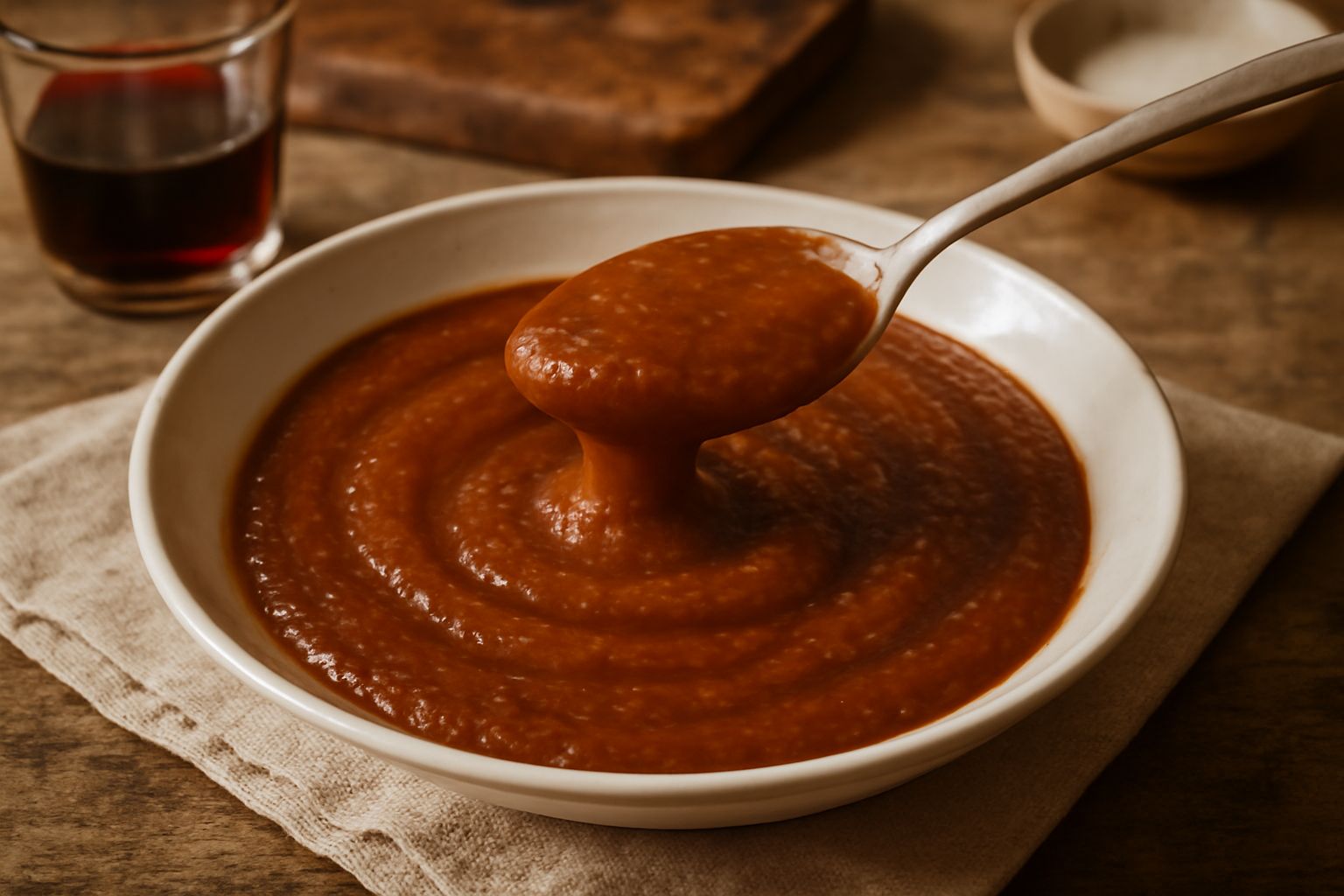 Salsa di mele densa color marrone ambrato, servita in una ciotola di ceramica, con accanto una mela rossa tagliata a metà e un cucchiaio di legno su un tavolo di legno scuro