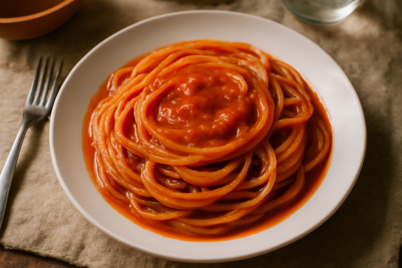 Salsa di pomodoro densa di colore rosso acceso, servita in una ciotola di ceramica bianca, con una foglia di basilico fresco sulla superficie e un cucchiaio di legno accanto