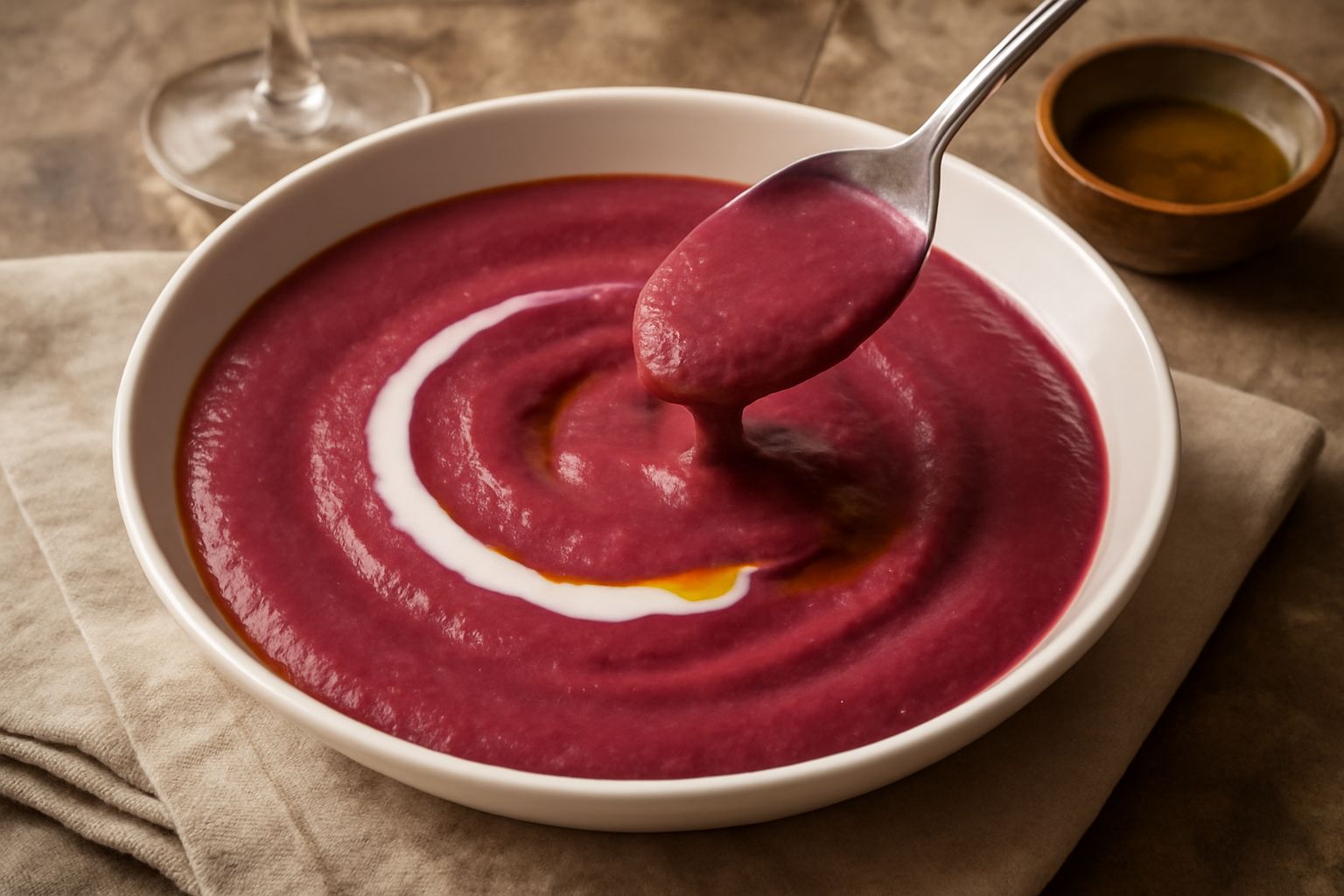 Salsa di radicchio color porpora scuro servita in una ciotola di ceramica, superficie liscia e vellutata, con un cucchiaio d'argento appoggiato sul bordo e sfondo neutro