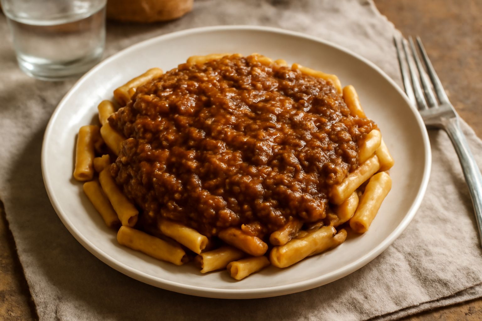 Salsa di ragù densa e marrone in un piatto bianco, servita con linguine, guarnita da un filo di olio verde e una foglia di basilico fresco