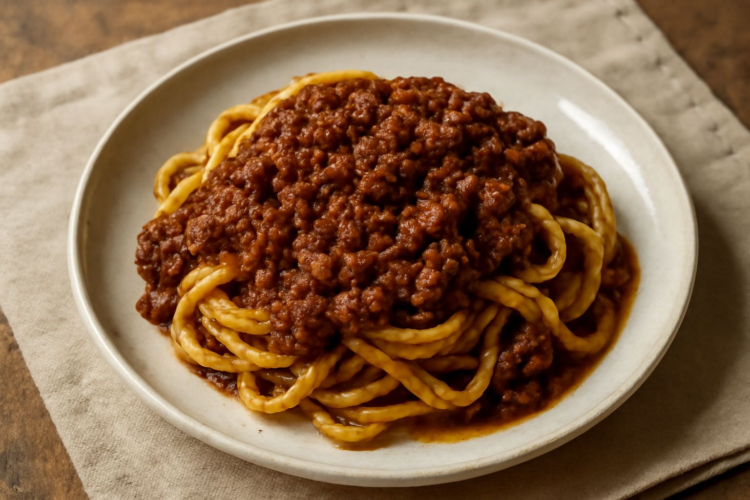 Salsa di ragù vicentino marrone scuro e densa in un piatto bianco, condita su tagliatelle fresche all'uovo, con cucchiaio di legno, vapore caldo ancora visibile